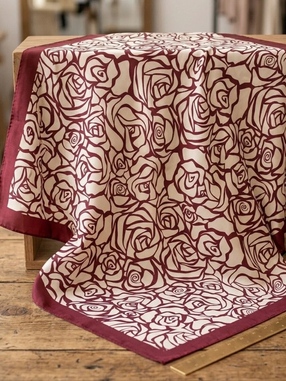 NWT Burgundy Abstract Floral Rose Print Satin Square Scarf Head Wrap 35